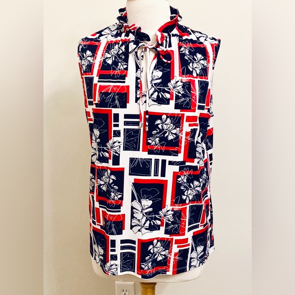 The Limited Blue Red White Floral Print L Coastal Boho Chic Americana Ruffle Top